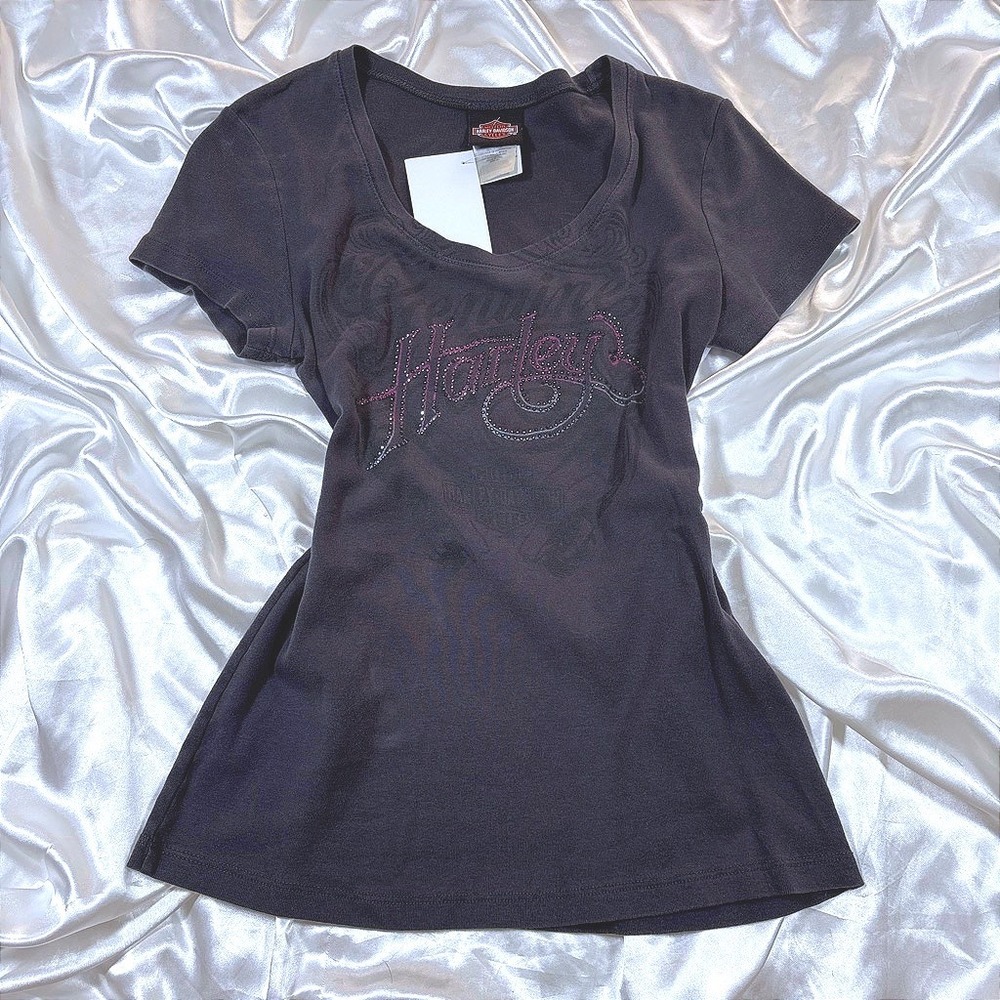 y2k Harley Davidson Tee Black Excellent Rhinestone Logo Scoop Neck Biker Top